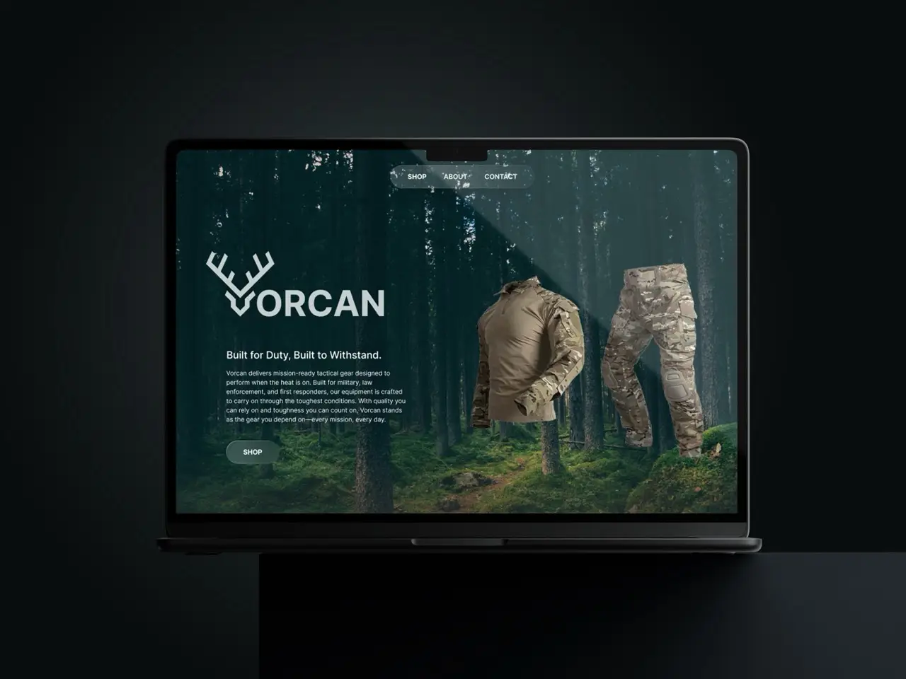 mockup of laptop open showing a website on a dark background